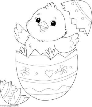 Free downloadable colouring page of a chick emerging from a decorated Easter egg