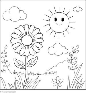  Colouring page of a daisy with a smiling sun in the sky, suitable for educational environments. 