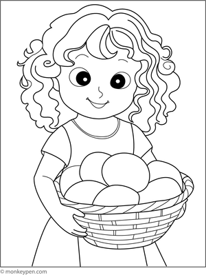  Coloring illustration of a joyful girl holding a basket brimming with mangoes, set against a farm scene suitable for children.