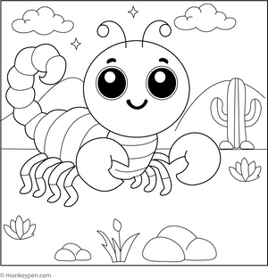  Coloring illustration of a friendly cartoon-style scorpion with prominent eyes, set in a playful scene suitable for children.
