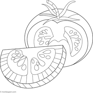  Formal representation of a fresh, sliced tomato placed on a plate, suitable for educational material about produce.