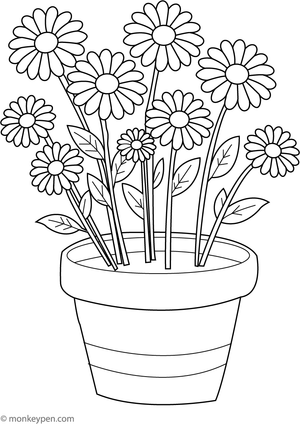 Colouring page of daisies growing in a flower pot, suitable for classroom and leisure activities.  
