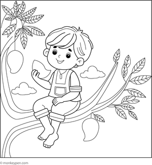 Illustration showing a happy boy enjoying a juicy mango, suitable for lively children's coloring activities.
