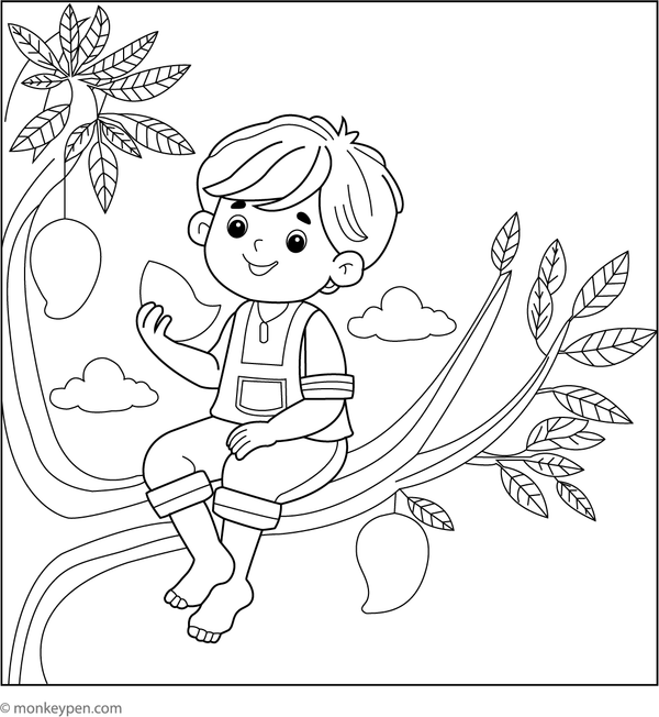 Illustration showing a happy boy enjoying a juicy mango, suitable for lively children's coloring activities.
