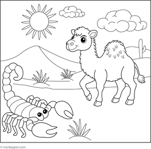 Coloring page showing a scorpion in the desert with a friendly camel in the background, an engaging scene for children's artistic endeavors.