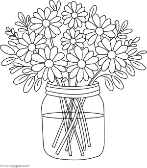  Printable scene of daisies arranged in a glass jar, appropriate for educational or recreational colouring. 