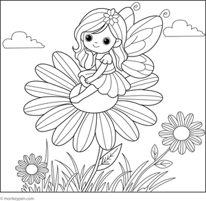  Printable scene of a fairy perched on a daisy, suitable for creative and educational activities.