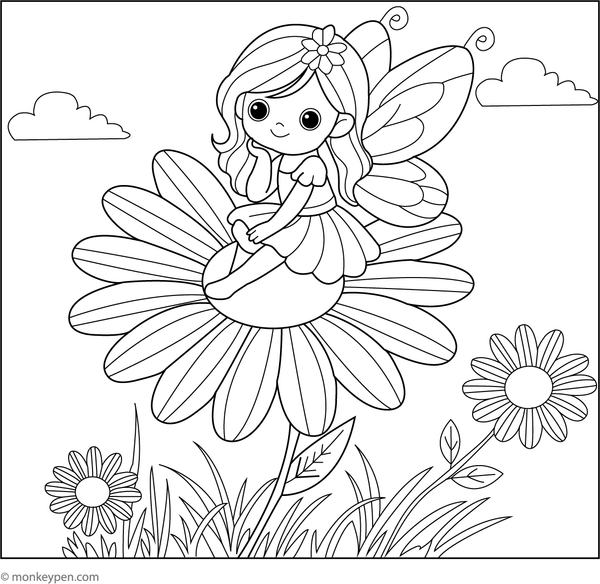  Printable scene of a fairy perched on a daisy, suitable for creative and educational activities.