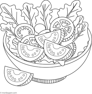 Coloring sheet illustrating a bowl of fresh tomato salad with assorted vegetables, an enjoyable and health-conscious activity for children.