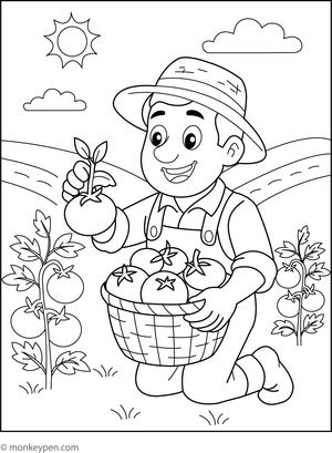 Colouring sheet of a farmer tending tomato plants in an outdoor farm setting, designed for children’s agricultural education.