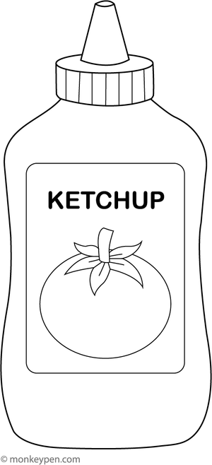 Illustration of a ketchup bottle adorned with nearby tomatoes, suitable as an engaging food-themed activity for children.