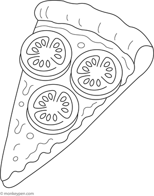 Illustration of a pizza slice topped with tomatoes, set in a lively food-themed scene suitable for children.