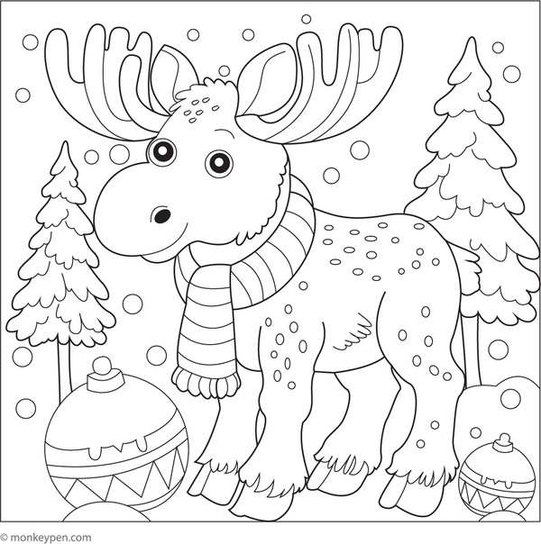 Coloring scene of a moose walking through a snowy landscape with snow-covered trees and snowfall, designed for winter-themed activities.