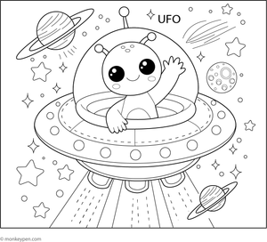 Colouring sheet featuring a friendly extraterrestrial within a hovering UFO emitting beams of light, playful for children.