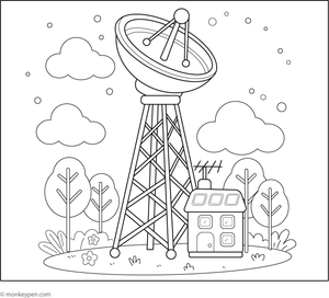 A detailed colouring scene of a satellite tower transmitting signals, set against planets and stars in a space environment, designed for children.