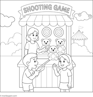 Printable coloring page of a shooting game booth at an amusement park, suitable for children.
