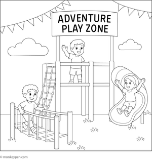  Printable coloring page of an adventure play zone with slides and climbing structures, designed for children.