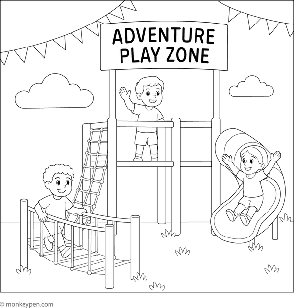  Printable coloring page of an adventure play zone with slides and climbing structures, designed for children.