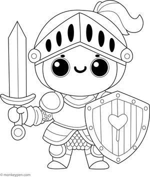Illustration of a young knight holding a wooden sword, suitable for children, encouraging creativity and imaginative play in a medieval-themed PDF activity.
