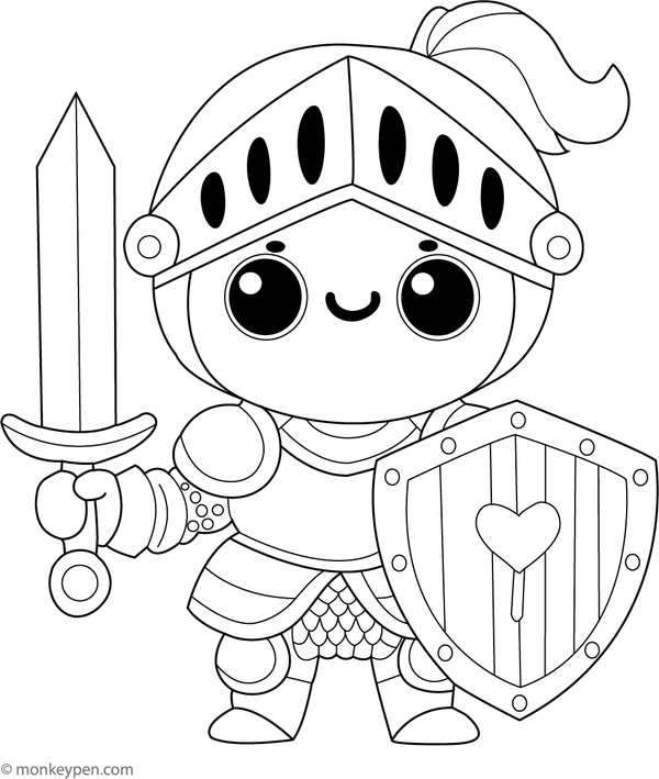 Illustration of a young knight holding a wooden sword, suitable for children, encouraging creativity and imaginative play in a medieval-themed PDF activity.
