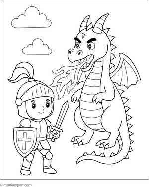  Scene depicting a knight and a fire-breathing dragon, presenting an exciting medieval battle for children in a printable fantasy-themed activity.
