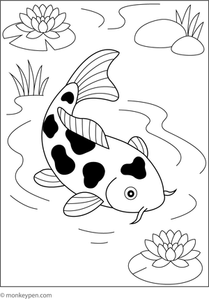 Free printable koi fish in a tranquil pond colouring page for children, depicting a serene aquatic scene with a graceful fish and reflective water.
