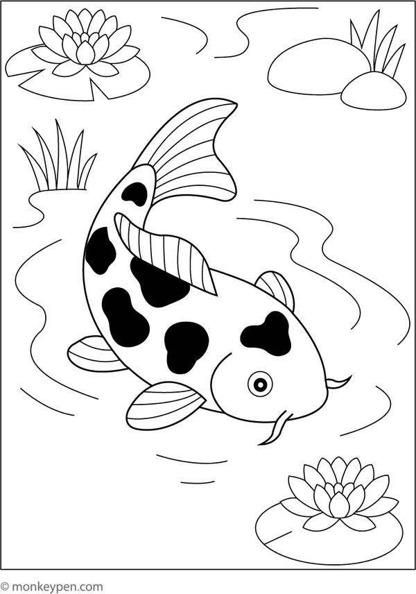 Free printable koi fish in a tranquil pond colouring page for children, depicting a serene aquatic scene with a graceful fish and reflective water.
