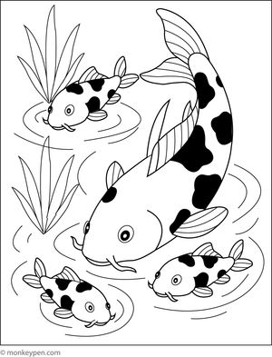 Free printable koi fish with baby koi swimming scene for kids, featuring playful fish and bright patterns in water, perfect for joyful colouring.
