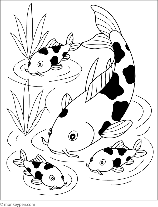 Free printable koi fish with baby koi swimming scene for kids, featuring playful fish and bright patterns in water, perfect for joyful colouring.
