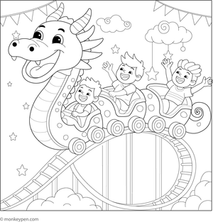 Printable coloring page of children enjoying a dragon-themed roller coaster, designed for kids.