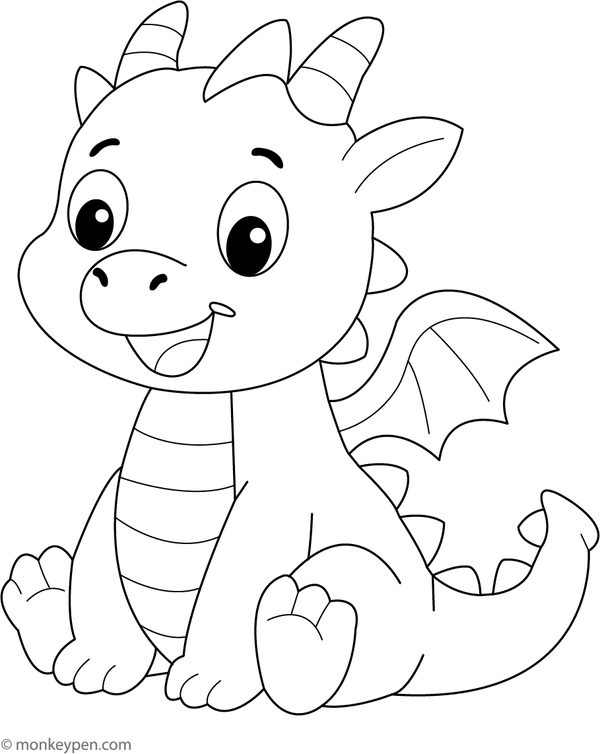 Majestic dragon with spread wings, ready to fly, suitable for children to colour.

