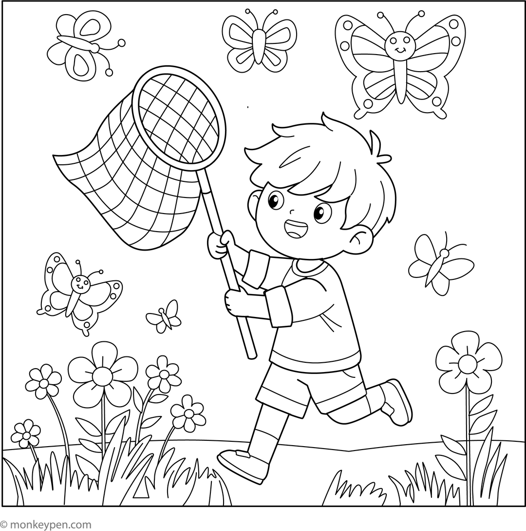 Coloring The Net Boy With Butterfly Net Coloring Page