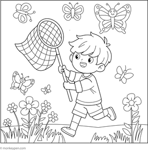 Boy with Butterfly Net Coloring Page