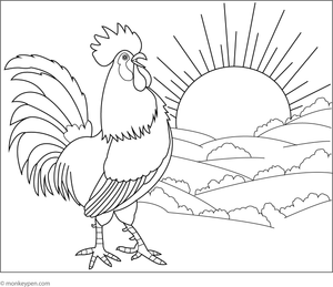Free printable colouring page of a rooster at sunrise, featuring a crowing rooster and glowing sun, suitable for educational and recreational purposes.
