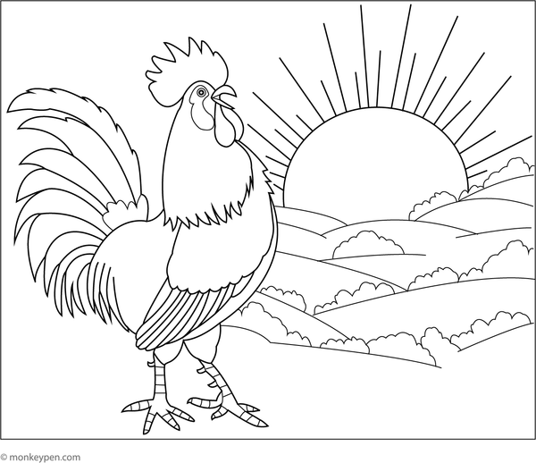 Free printable colouring page of a rooster at sunrise, featuring a crowing rooster and glowing sun, suitable for educational and recreational purposes.
