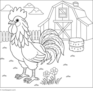 Colouring page of a rooster in a barnyard environment, including barn, animals, and hay, perfect for educational and leisure use.
