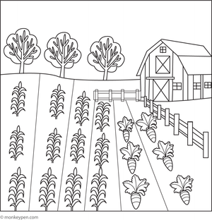 Printable farm field colouring page for children showcasing crops, fences, and rural scenery, appropriate for agricultural education and fun. 