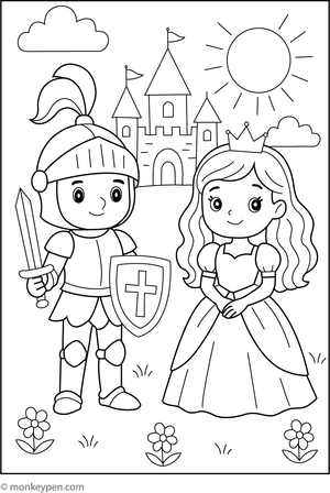  Illustration of a knight meeting a princess, featuring royal elements, suitable for creative coloring in a children's activity.
