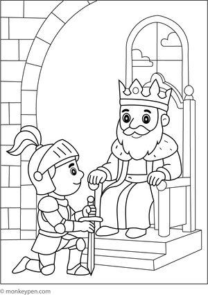 Scene of a knight kneeling before royalty, illustrating a medieval court setting for children to color.

