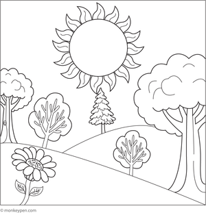 Printable summer landscape colouring page for children featuring sunny skies, lush fields, and trees, ideal for seasonal art activities. 