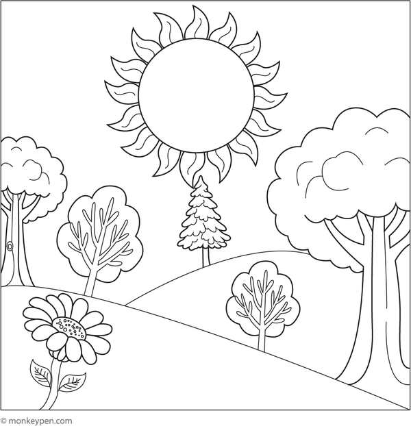 Printable summer landscape colouring page for children featuring sunny skies, lush fields, and trees, ideal for seasonal art activities. 