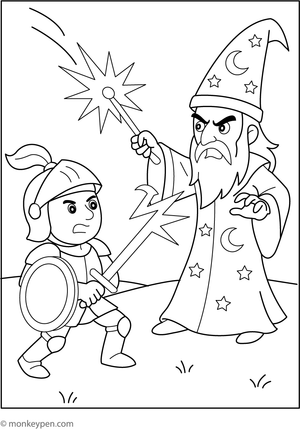 Scene of a knight confronting a sorcerer, depicting a magical combat scenario for children to color.
