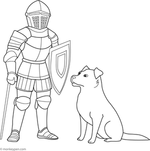  Heartwarming image of a knight with his loyal dog, showcasing friendship and bravery within a medieval landscape.
