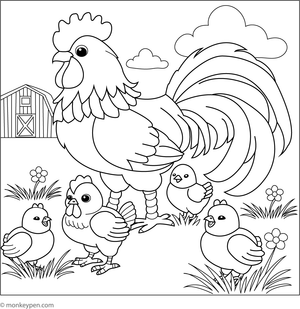 Colouring page of a rooster with fluffy chicks in a farmyard setting, suitable for educational and recreational use.
