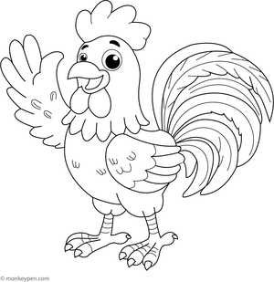 Cartoon-style farm rooster colouring page featuring a humorous character, ideal for classroom and recreational activities.
