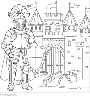 Illustration of a knight protecting a castle, suitable for creative coloring activities highlighting medieval fortress defense.

