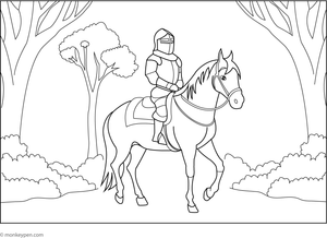 Depiction of a knight traveling through an enchanted forest, blending medieval adventure with fantasy woodland scenery.

