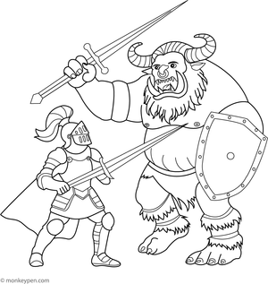 Dynamic depiction of a knight fighting a giant ogre, featuring an action-filled fantasy battle scene.