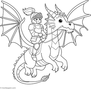  Imaginative scene of a knight riding a dragon, ideal for fostering creativity in fantasy medieval adventures.
