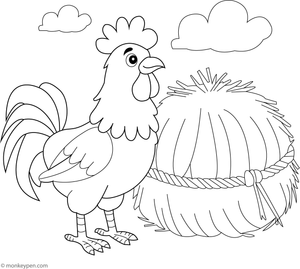 Colouring page featuring a rooster beside a haystack in a farm setting, ideal for autumn themes and rural lessons.
